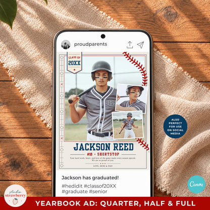 Baseball senior yearbook ad design previewed on a mobile phone.