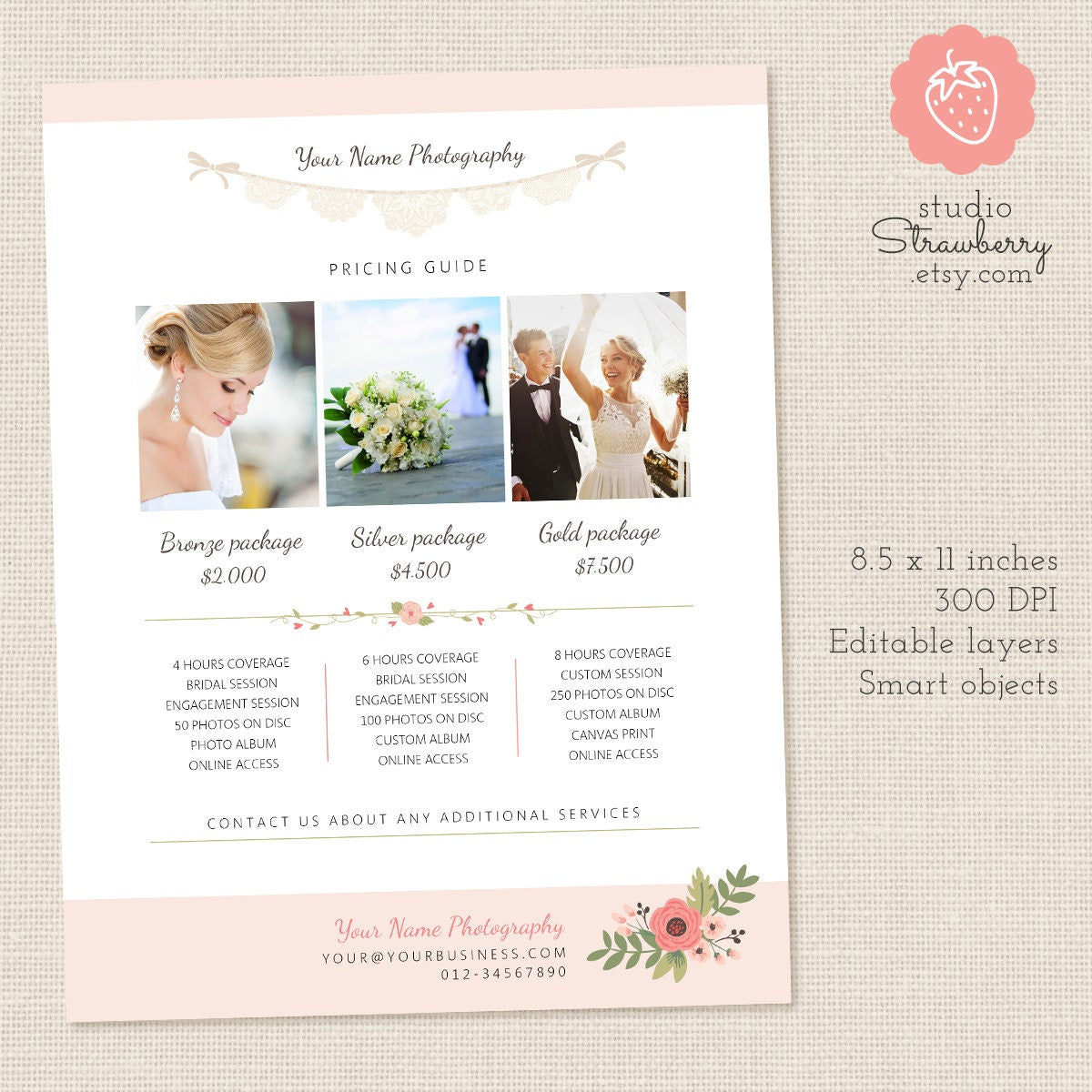 Photography Pricing List, Price List Template, Photoshop Template, Wedding Pricing Template, Wedding Price List, Floral Pricing Guide, Lace