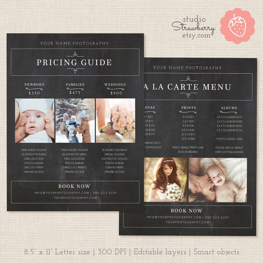 Photography Pricing List, Chalkboard Price List Template, Photoshop Template, Wedding Pricing Template, Wedding Price List, Pricing Guide