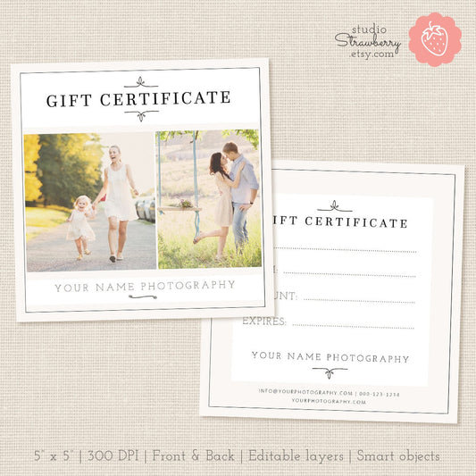 Photography Gift Certificate Template, Photo Gift Card, Printable, Photoshop Template, Photography Marketing Set, Kit, PSD download, Design