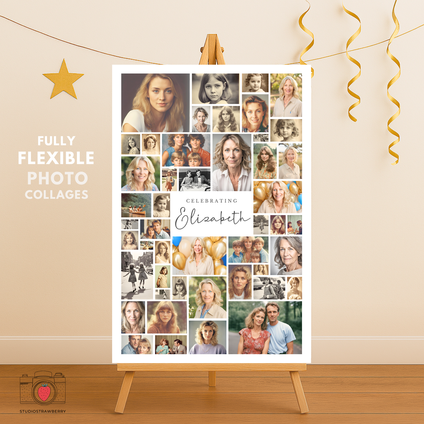 Printable 60th birthday welcome poster with photos – customizable Canva template with elegant collage layout for birthday decorations.