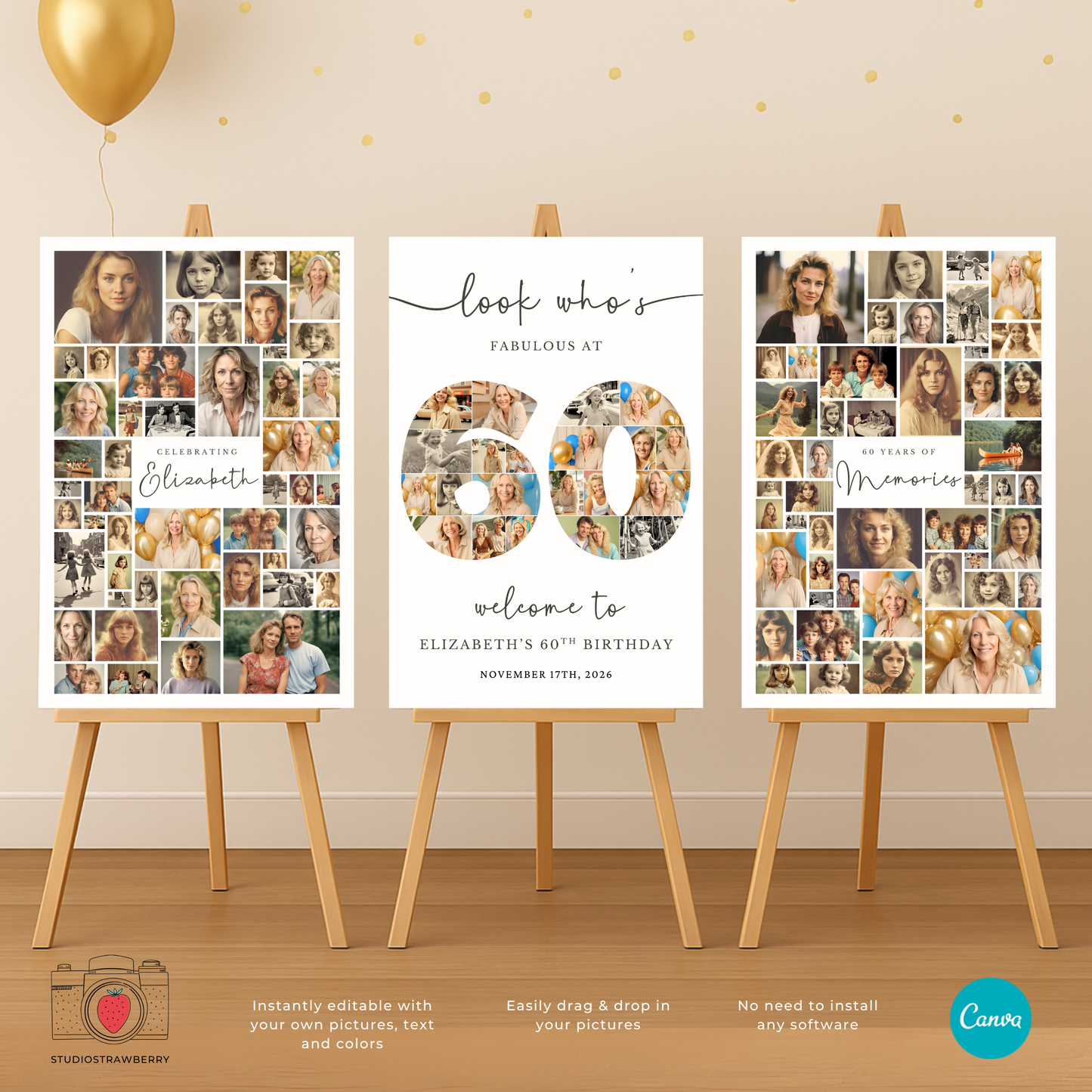 Editable 60th birthday sign with photos – printable Canva template featuring personalized collage for milestone celebration.